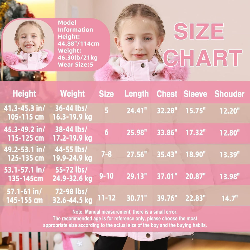 Girls Winter Coat Long Puffer Jacket Outwear Warm Quilted Coats Parka Kids Removable Hood Fleece Inner