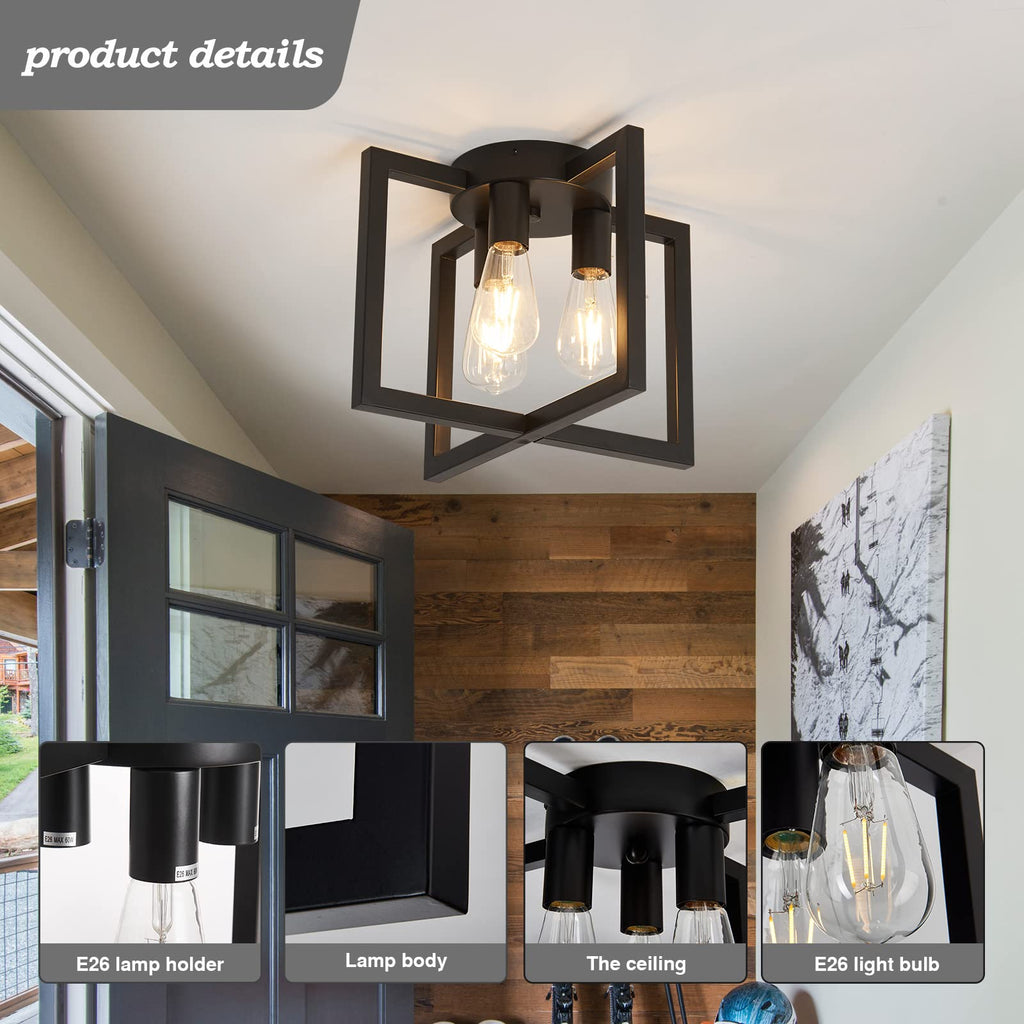 3-Lights Ceiling Light Fixture, Industrial Black Semi Flush Mount Chandelier, Ceiling Lighting Living Room Bedroom