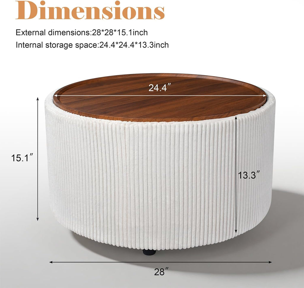 28" Round Storage Ottoman, Ottoman Coffee Table with Tray, Corduroy | Modern Ottomans with Storage with Anti-Slip