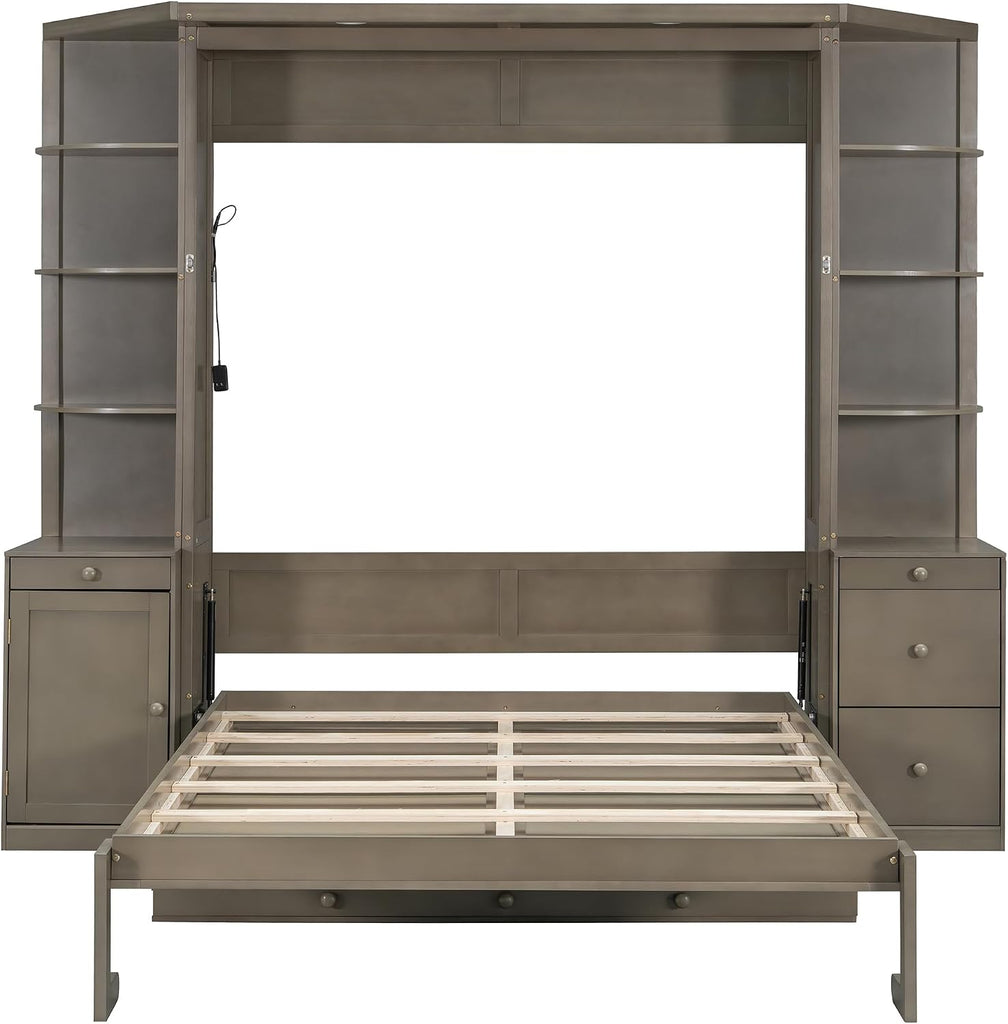 Queen Murphy Bed with Desk and Storage, Hidden Wall Bed with Foldout Workstation, Shelves and Cabinets for