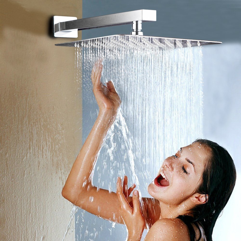 20" Square Shower Arm with Flange and Teflon Tape, Extension Shower Head Arm Fixed Shower Head, Solid Stainless