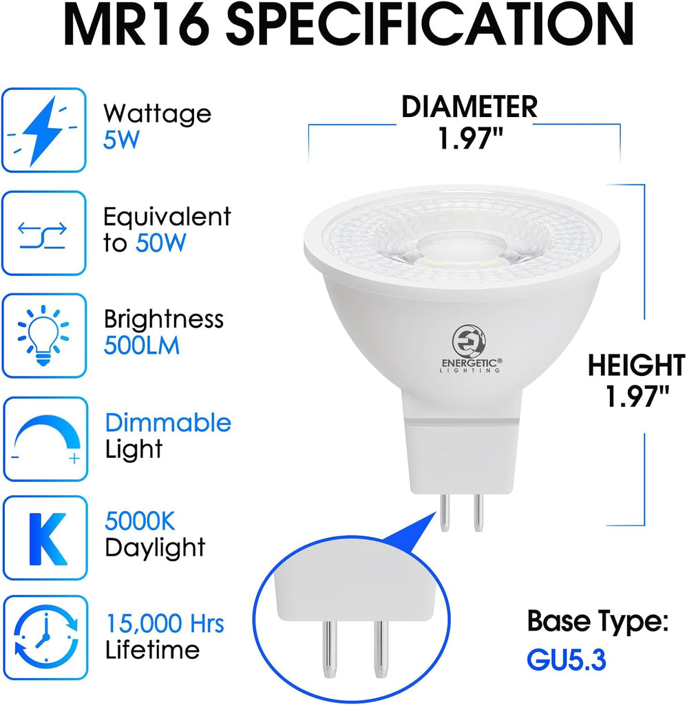 Energetic Dimmable MR16 5W 12V LED Light Bulb, 50W Halogen Equivalent, CRI 80+, GU5.3 Bi-Pin Base, 40 Degree Beam