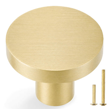 10 Pack Solid Brushed Brass Cabinet Knobs, Round Gold, 1-1/8 Inch
