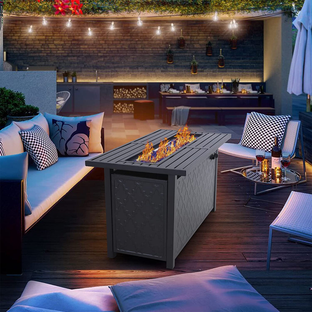 Gas Fire Pit Table, 45 Inch Large Long Rectangular Outdoor Patio Propane 50000 BTU Fire Table with Lid and Blue Fire