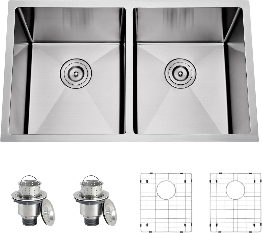 32 Inch Undermount Handmade 50/50 Double Bowl Kitchen Sink | 16 Gauge Thickness, 304 Stainless Steel, Brushed Satin