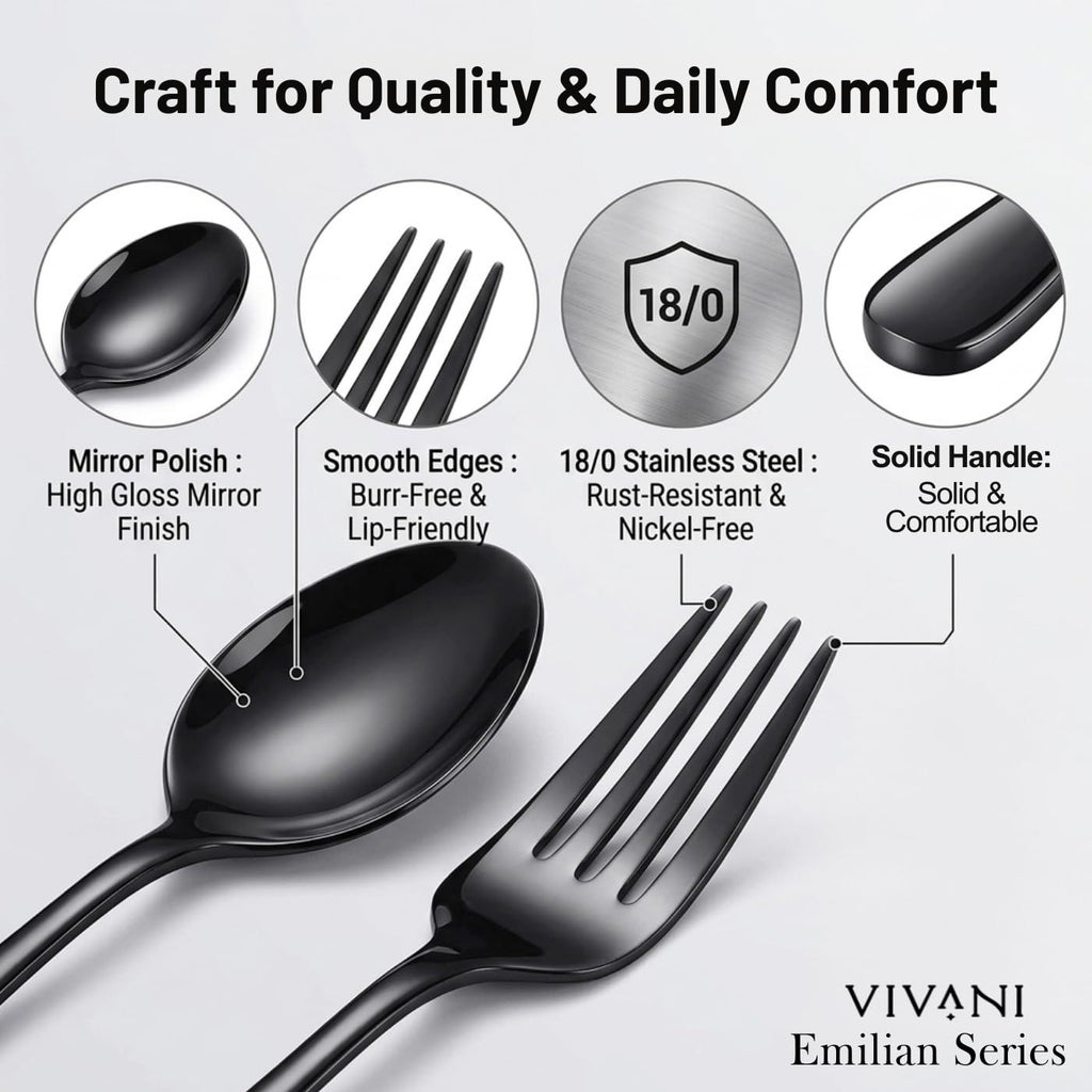 40 Piece Black Silverware Set for 8, Stainless Steel Flatware Set