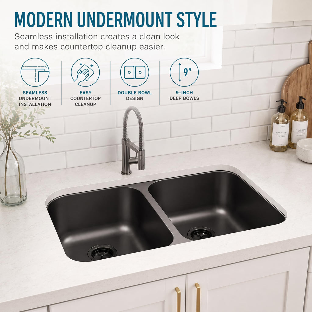 32 Inch Black Kitchen Sink, Double Bowl Kitchen Sink, Undermount Kitchen Sink Stainless Steel, Black Oval Kitchen