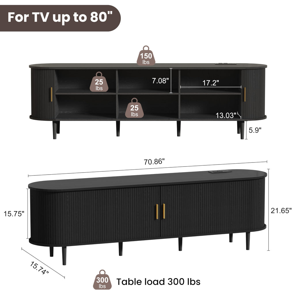 70.8 Inch Mid Century Modern TV Stand with Power Outlet for TVs up to 80 Inch, Entertainment Center with Storage and