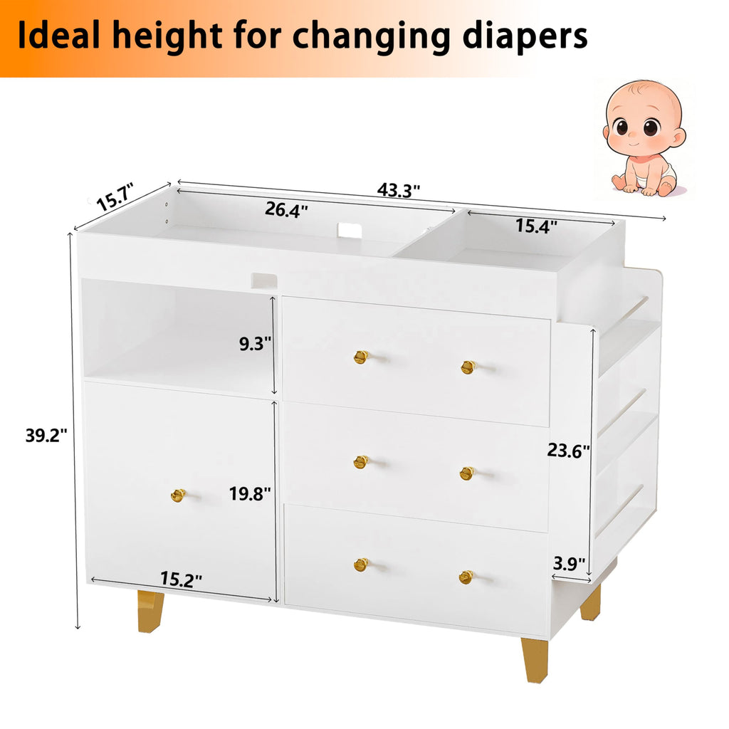 Wooden Baby Changing Table Dresser, Diaper Changing Table with Large Tabletop, 4 Drawers, Open Storage Space & Side