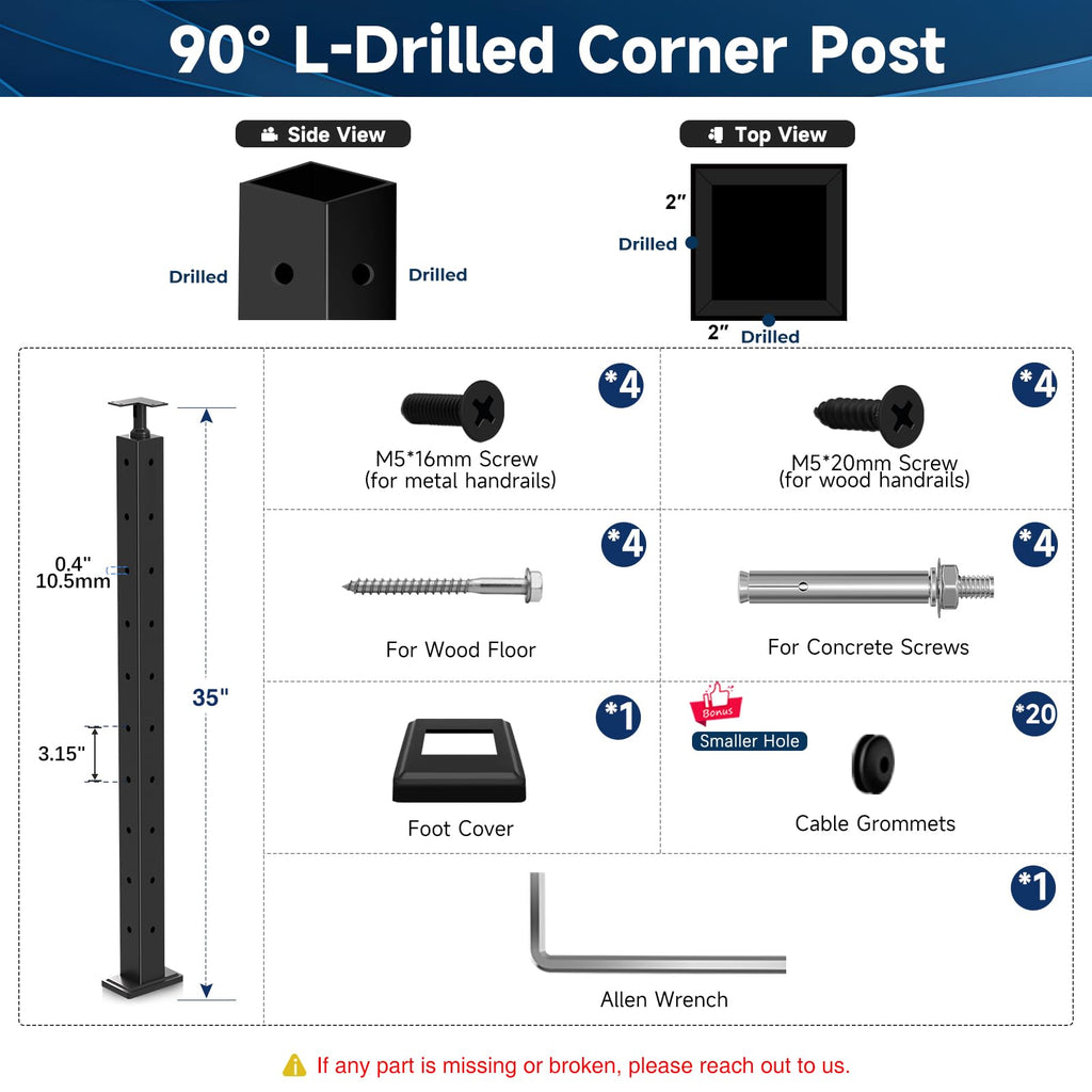 36" Modular Black Cable Railing Corner Post, L-Drilled Two-Side Hole