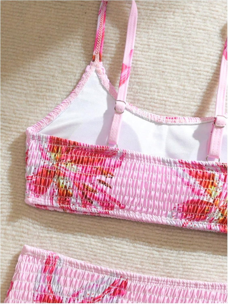 Girl's 2 Piece Floral High Waisted Swimsuit Smocked Bathing Suit