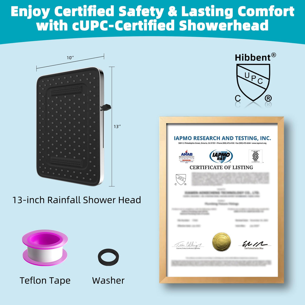 CUPC Certified 5 Spray Modes Shower Head, 13'' High Pressure Large Rainfall Shower Head, High Flow Waterfall Bathroom