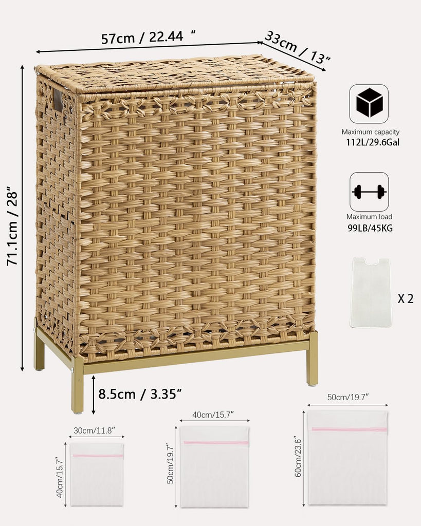 Laundry Hamper with Lid, 112 L Handwoven Rattan Wicker Laundry Basket, 2 Removable Liner Bags Metal Heightened Feet