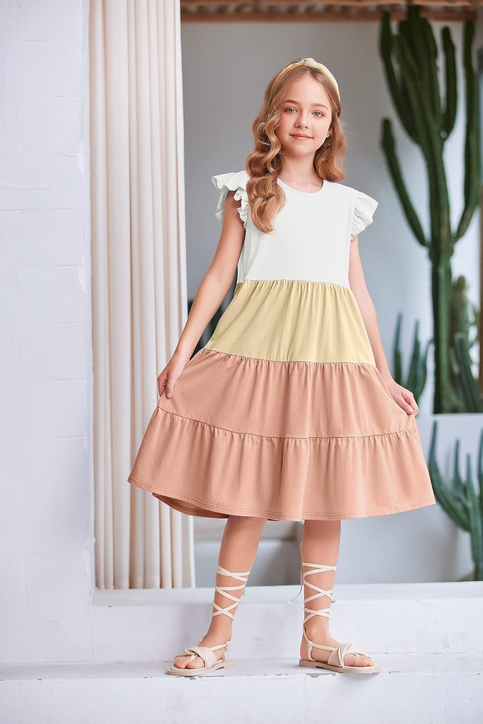 Girls Ruffle Sleeve Tiered Swing Midi Casual Sundress with Pockets