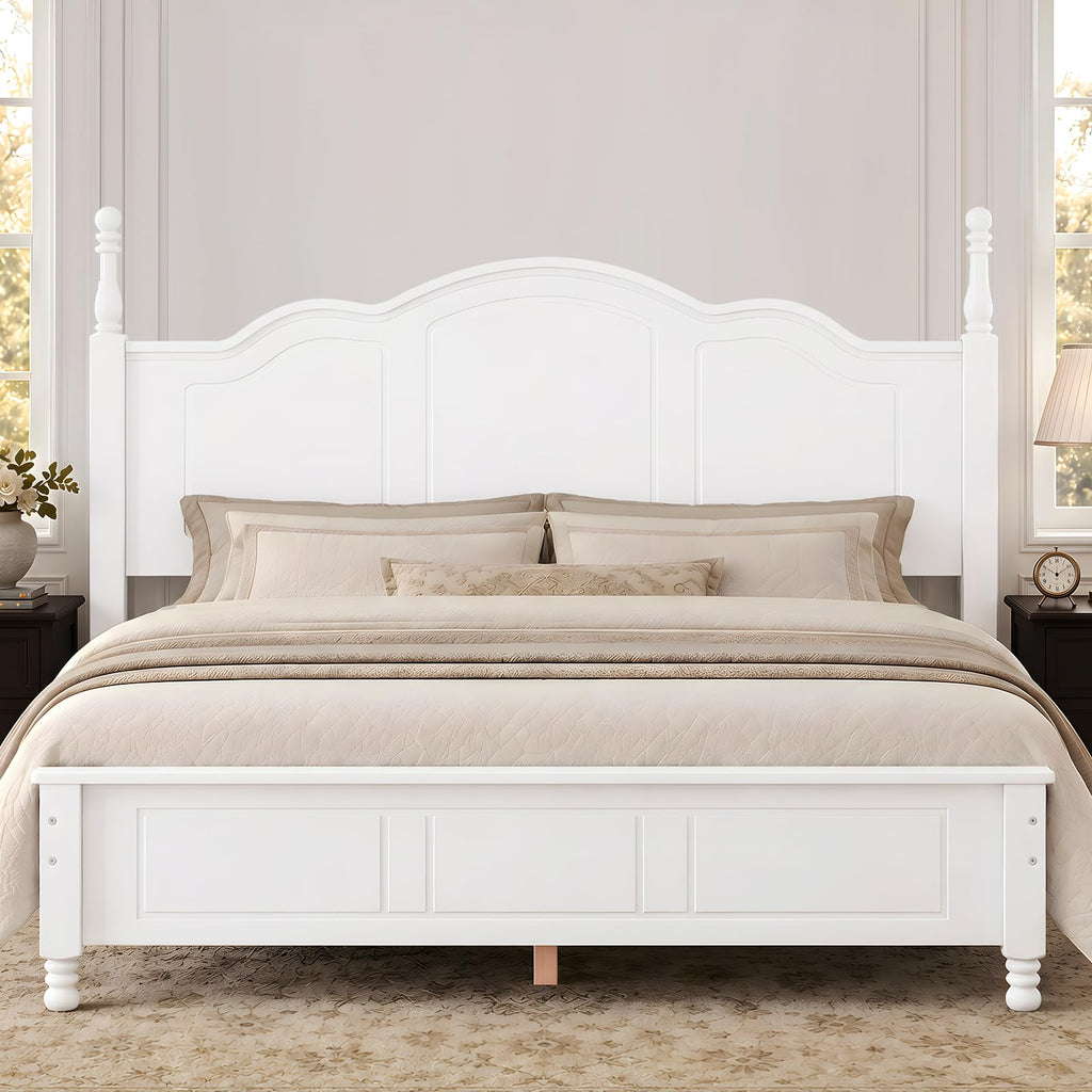 Farmhouse Bed Frame with Headboard, White Wood Platform Bed
