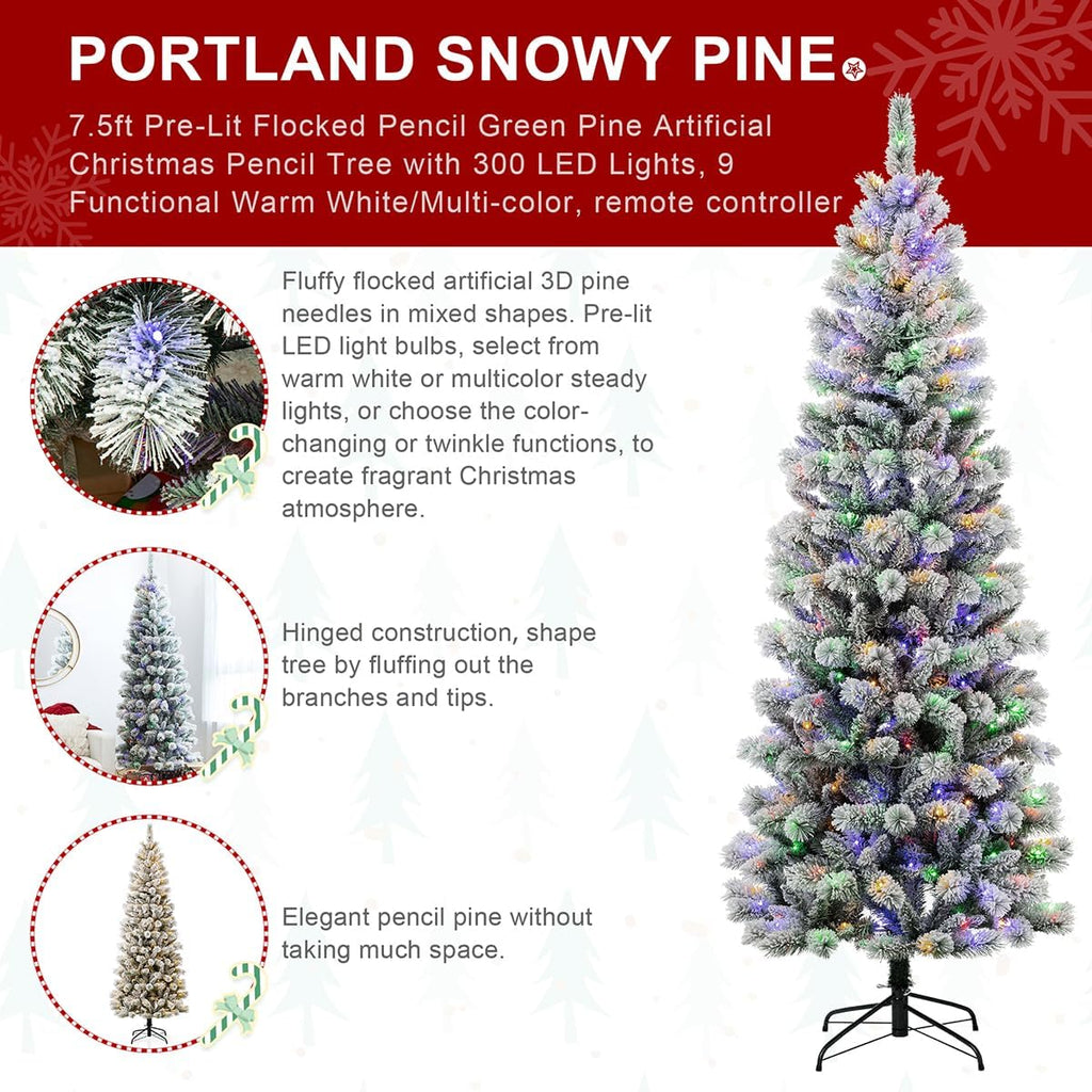 Prelit Christmas Tree, Flocked Artificial Christmas Tree, Pencil Christmas Tree Portland Snowy Pine with 300