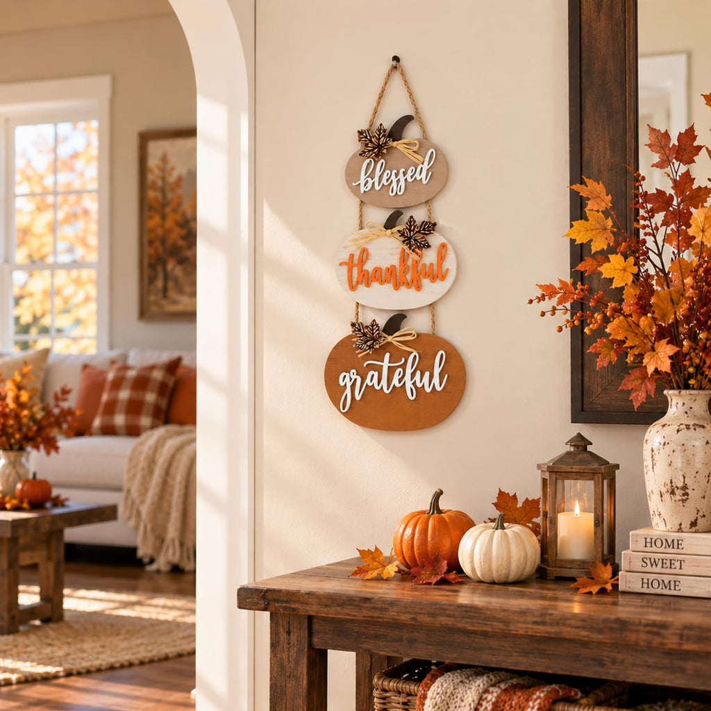 Fall Decorations Pumpkin Wall Signs Wooden Blessed Thankful Decor