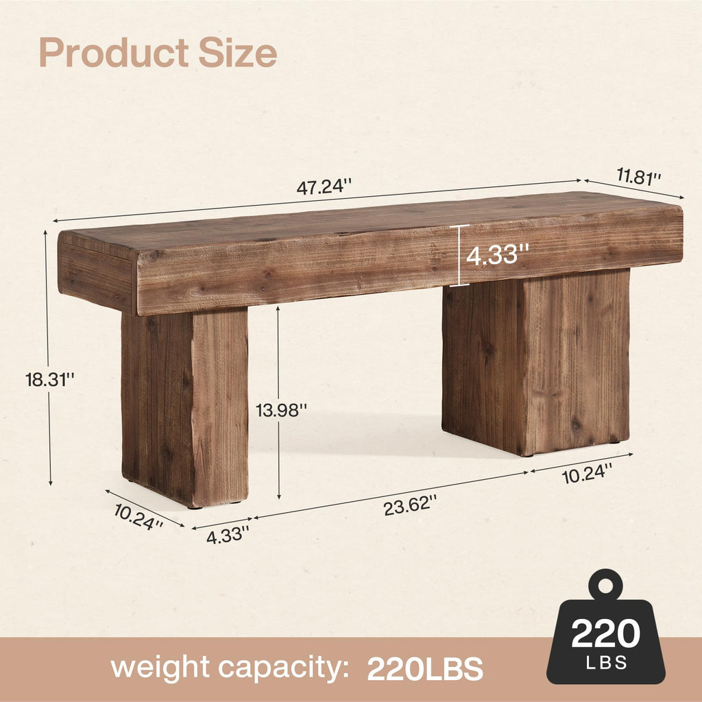 Thickened Solid Wood Bench, 47" Rustic Farmhouse Entryway Bench with Artistic Legs, Heavy Duty Dining Bench, End of