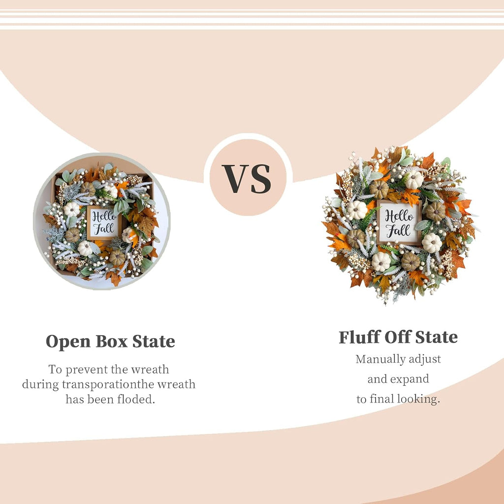 24 inch Thanksgiving Fall Wreath, Autumn Harvest Wreaths for Front Door