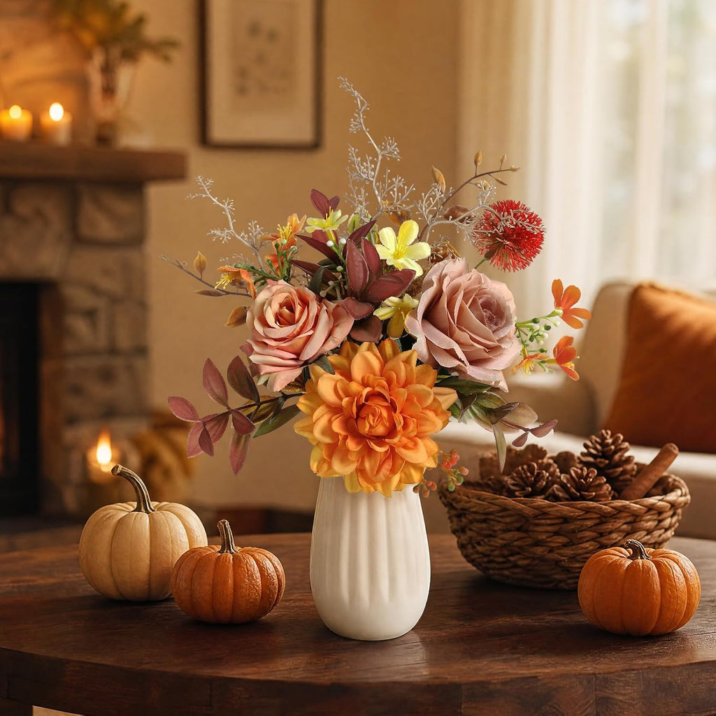 Small 11" Artificial Flowers in Ceramic Vase - Orange Silk Flower Centerpiece for Dining Table, Office, Wedding &