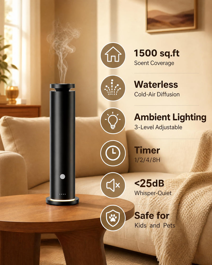 Waterless Diffuser with 5 Essential Oils Set, Hotel Collection Scent Diffuser Up to 1500 Sq.Ft, Diffuser with Remote