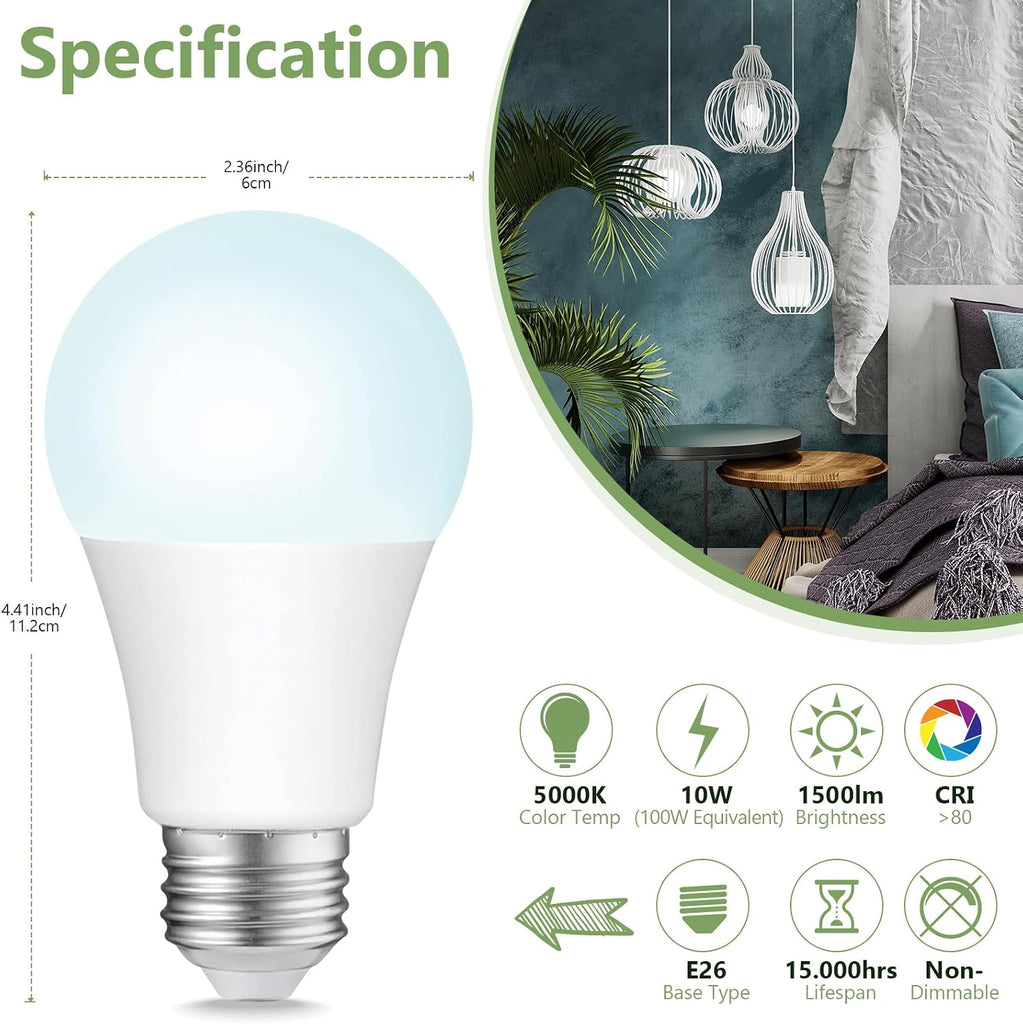 A19 LED Light Bulbs, 100W Equivalent Daylight 5000K, 1500 Lumens Non-Dimmable, Energy-Saving 10W E26 Medium Base