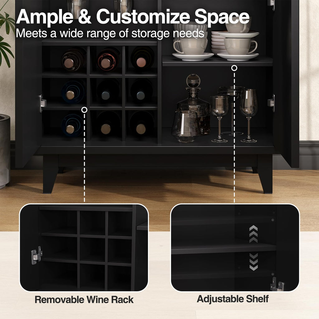 Modern Fluted Coffee Bar Cabinet with Removable Wine Rack, Black