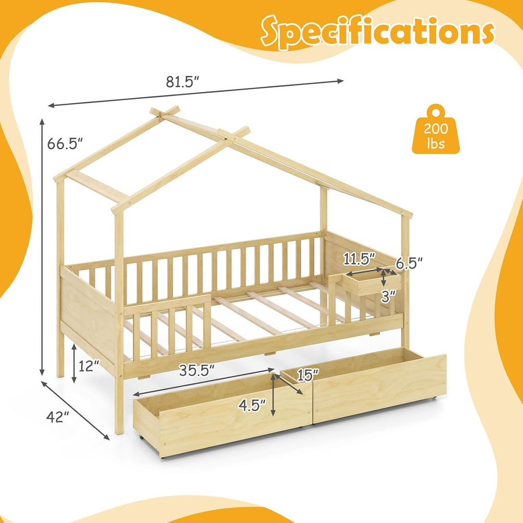 Tw Bed with Drawers, Wooden Bed Frame with Cube Storage & Fence Rails, Montessori Beds for Kids Boys, Girls