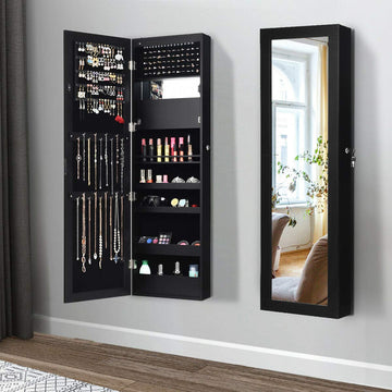 Wall Mounted Jewelry Cabinet, Lockable Door Hanging Jewelry Armoire w/ 12LEDs, Space Saving Makeup Display Cabinet