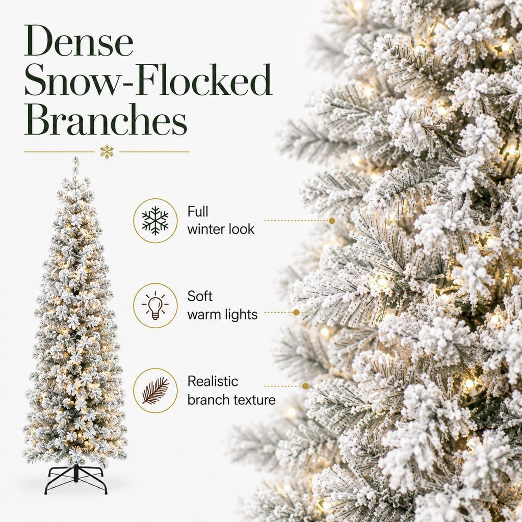 Prelit Slim Pencil Flocked Artificial Christmas Tree-WarmWhite