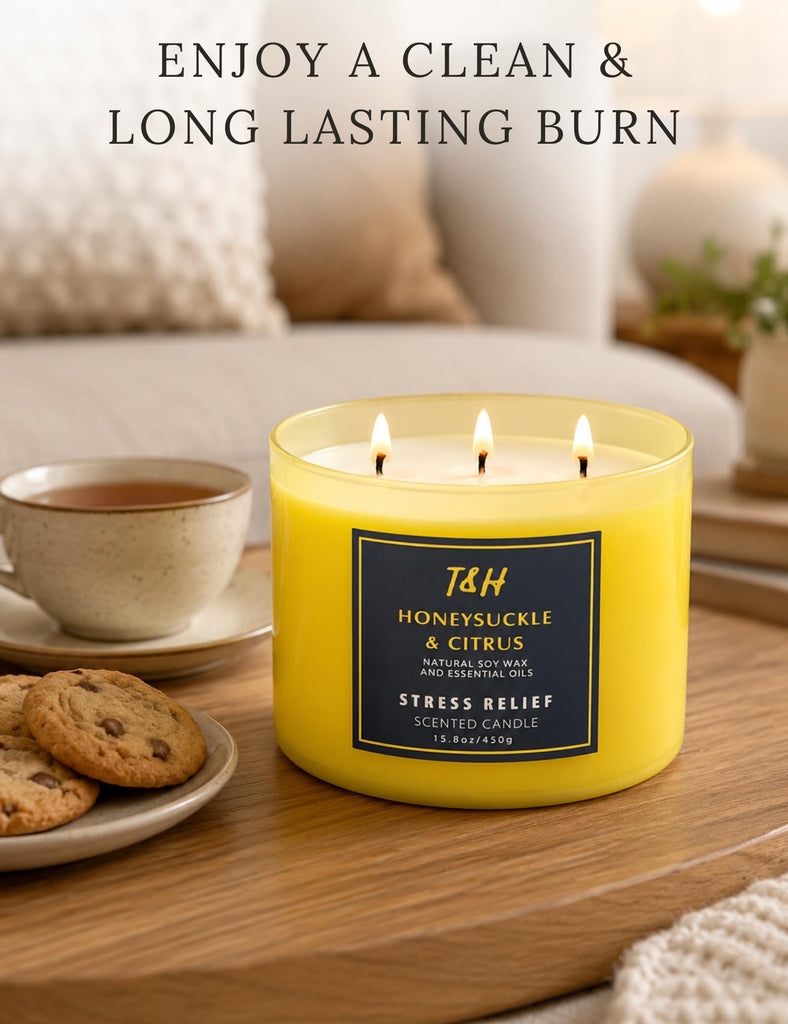 Honeysuckle Citrus Scented Soy Candle, Large 3-Wick Candle 15.8 oz