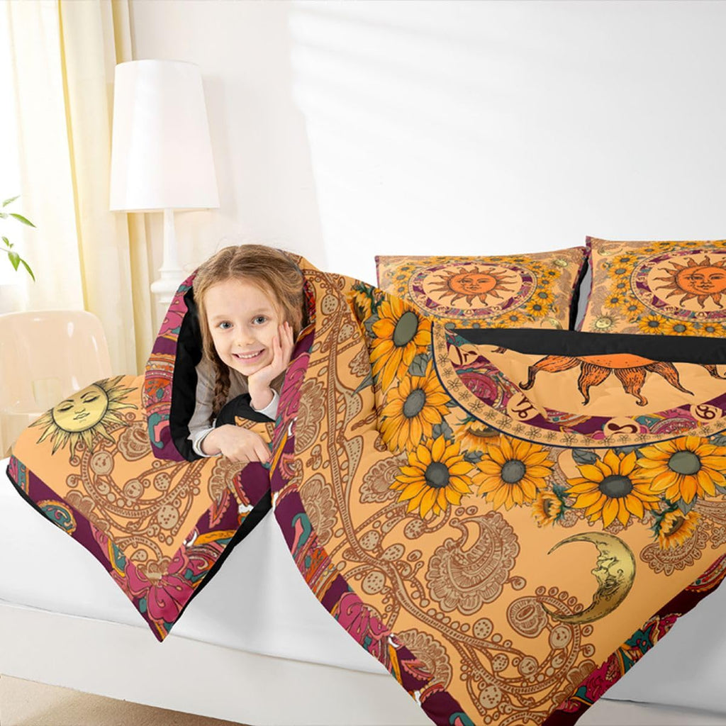 Yellow Sun and Moon Down Comforter Twin, Sunflower Bedding Set Vintage Indian Boho Floral Comforter Set Colored