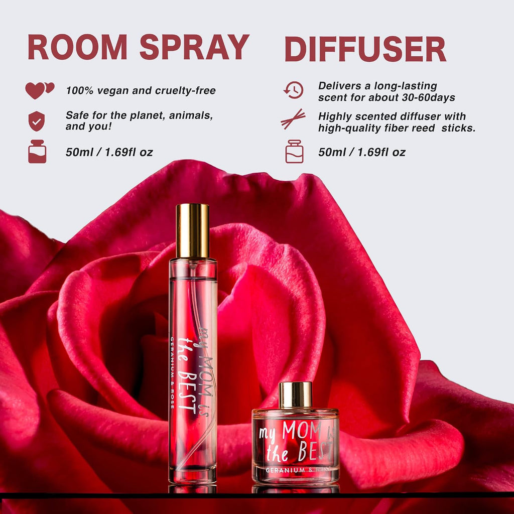 Soy Candle Set: Geranium & Rose 'Best Mom' Gift with Reed Diffuser & Room Spray - Set of 3