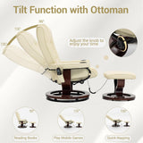 Modern Reclining Swivel Lounge Chair and Ottoman — Beige PU Leather