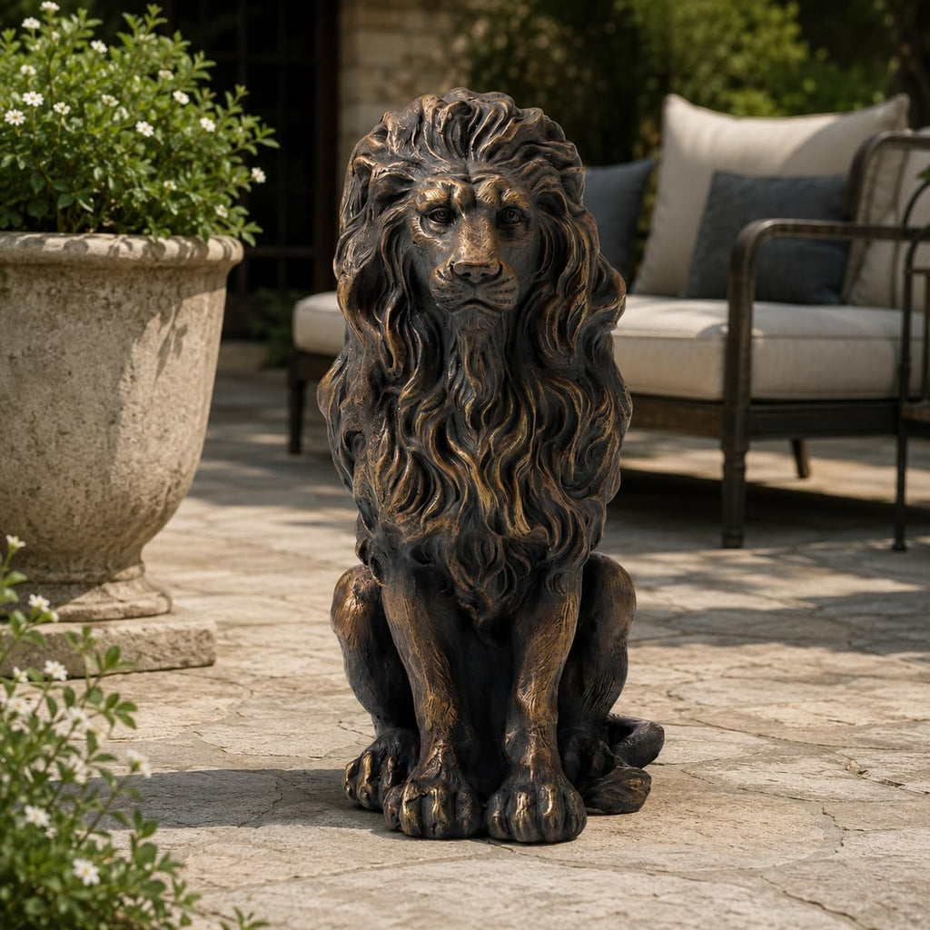 Bronze-Tone Lion Statue, 20.47 in Sitting Resin Garden Sculpture | Layered flowing mane, defined facial features