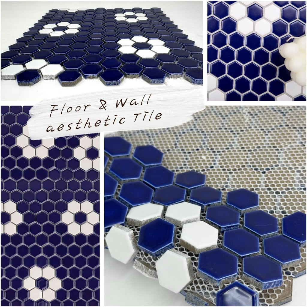 Hexagon Glossy Cobalt Blue with White Flower Pattern Porcelain Mosaic Tile - Wall & Floor Tile for Backsplash