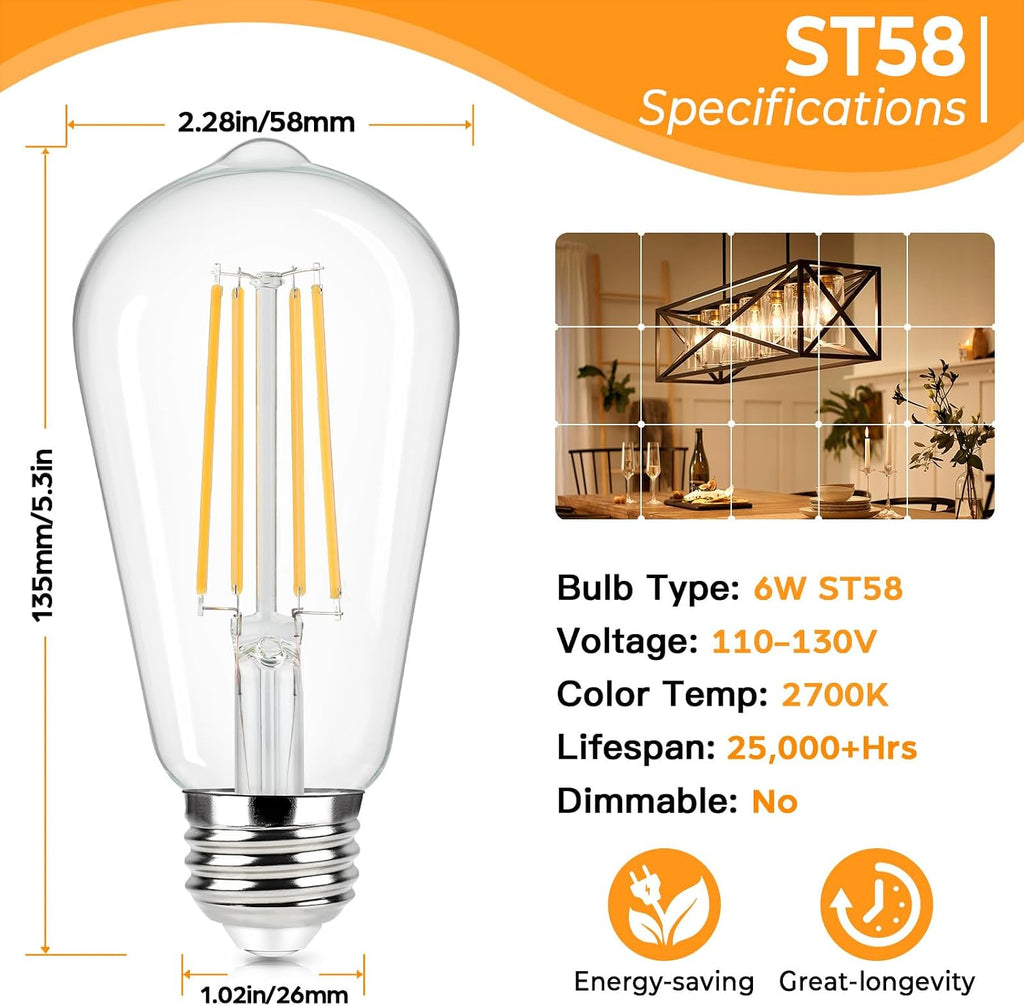 Vintage LED Edison Bulbs 60W Equivalent, 6W ST58 2700K Warm White Antique LED Filament Bulbs, E26 Medium Base