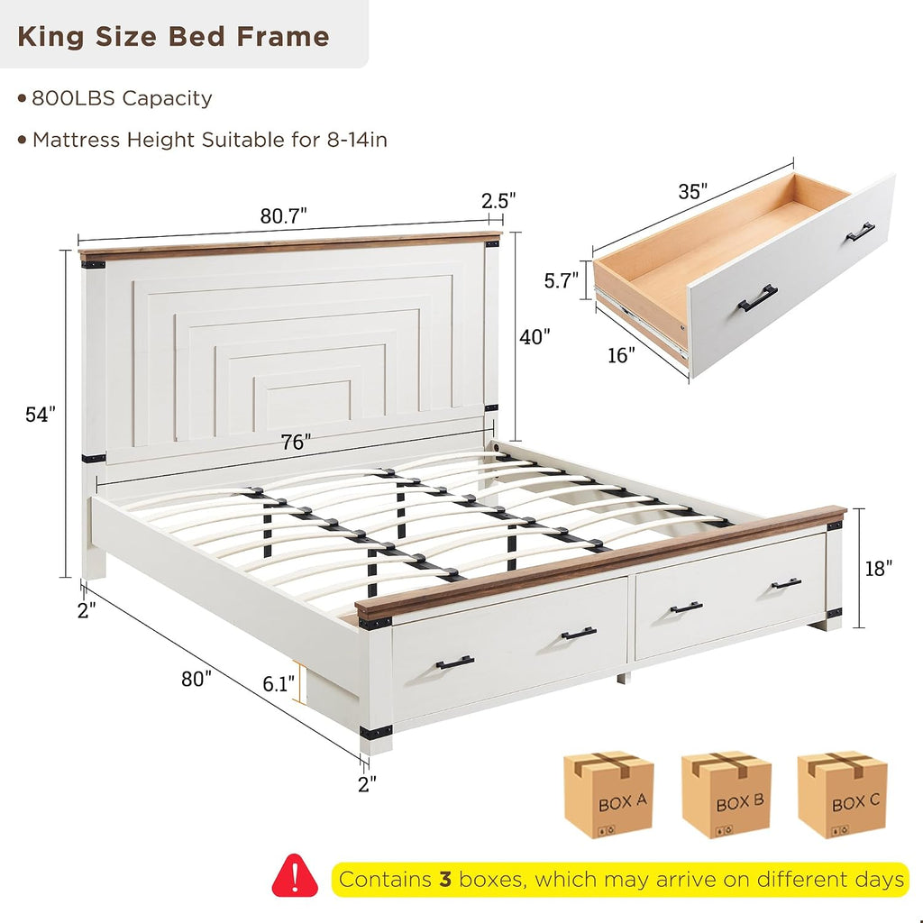 Farmhouse King Bed Frame with 54" Tall Geometric Headboard & 2 Large Storage Drawers, Rustic Wood Platform Bed with