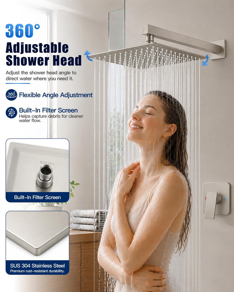 12 Inch Square Rain Shower Faucet Set with Valve, Brushed Nickel