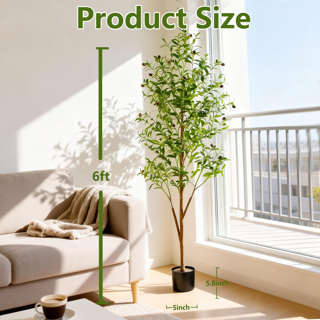 6FT Artificial Olive Tree Indoor, Tall Faux Olive Tree with Pot&Basket, Large Fake Olive Tree with Realistic 1080