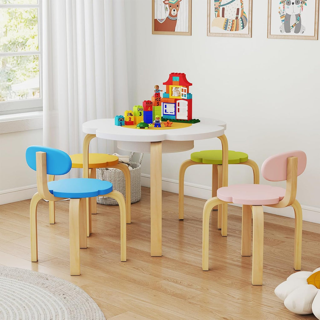 Kids Table and Chair Set, Wooden Toddler Flower-Shaped Table and 4 Chairs w/Storage for Art Craft, Dining, Piece