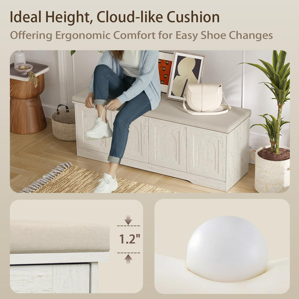 Shoe Storage Bench with Cushion, Door, Rustic White 47.2"LX17.7"H