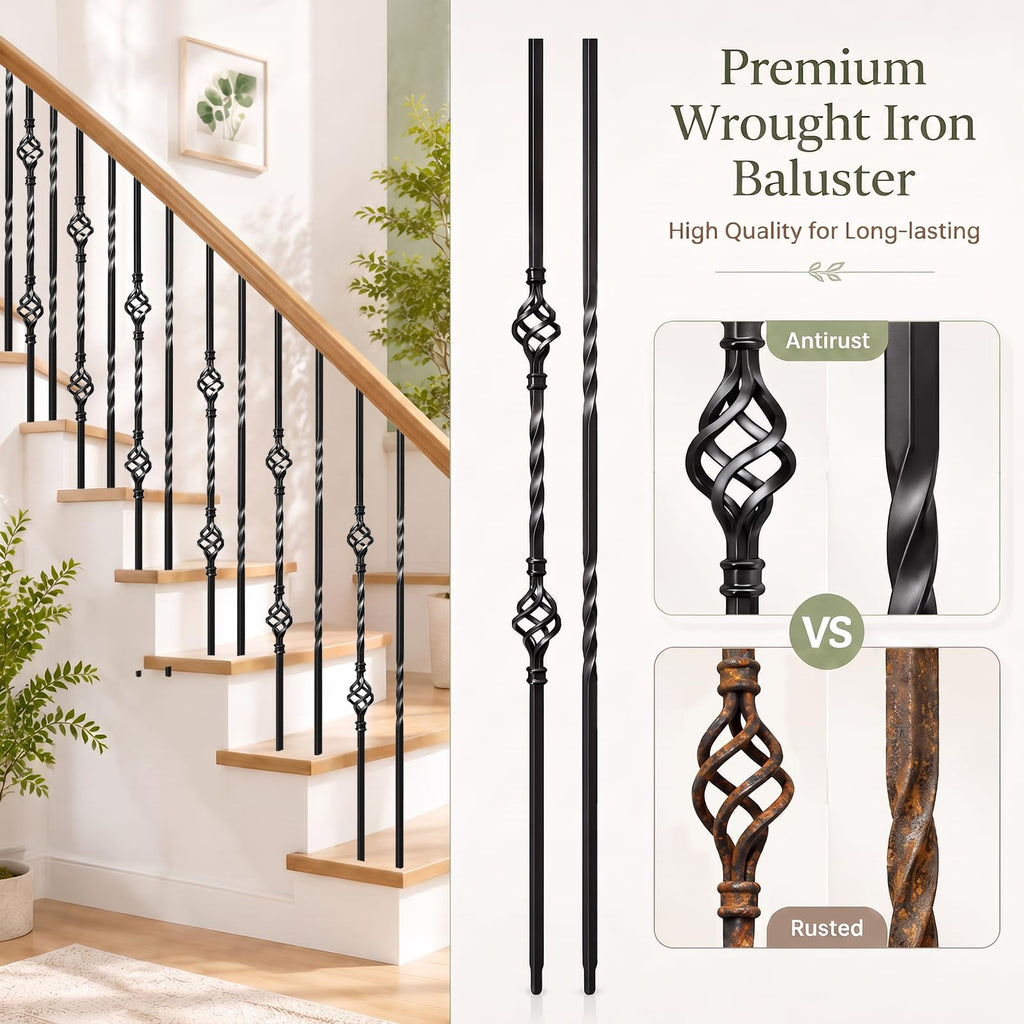 16 Pcs Wrought Iron Balusters for Staircase Interior, 44" Hollow Double Basket with Double Twist Metal Stair Spindles