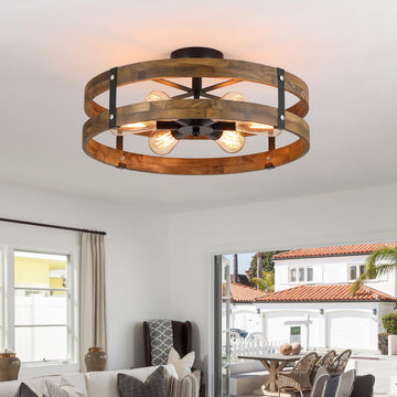 6-Light Large Rustic Farmhouse Wood Flush Mount Ceiling Light Fixture 20 inch Oak Wood and Metal Round Drum Semi