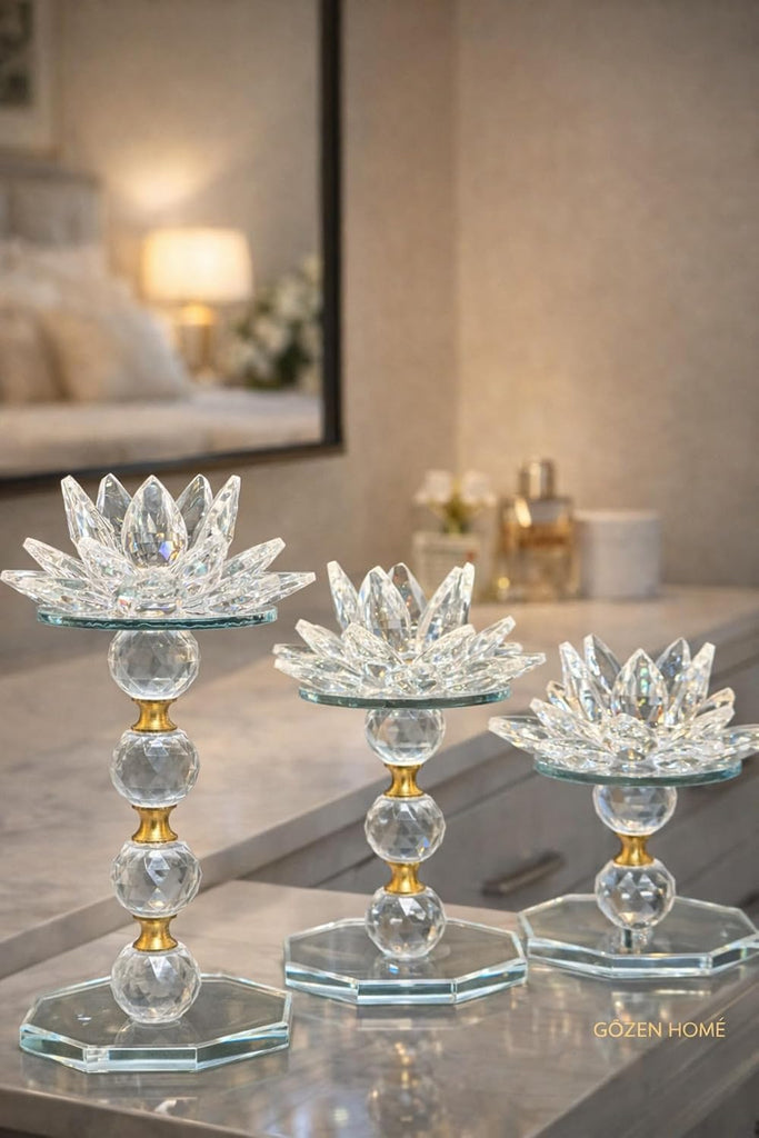 Quality Crystal Lotus Candle Holder Set 3 Piece Gold Detail Decorative Accent piece for Tables and Shelves Refined