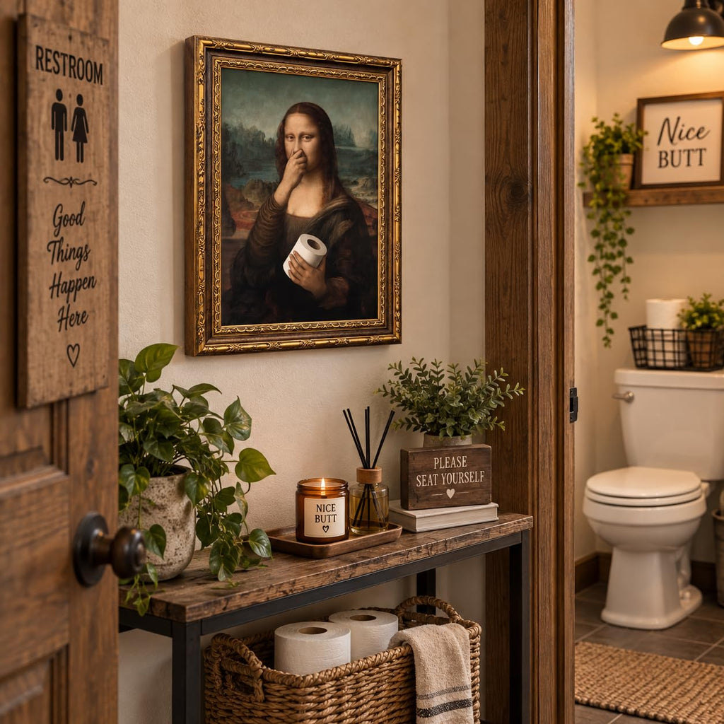 Funny Mona Lisa Bathroom Wall Art, Vintage Gold Frame, 24 x 16 In