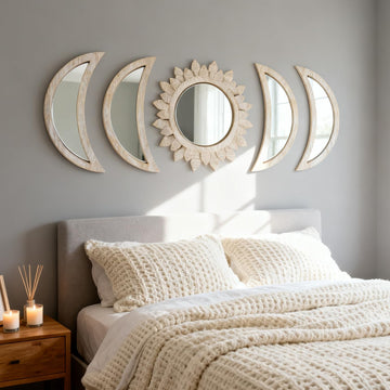 5 Pieces Moon Phase Mirror Wall-Mounted Wall Decor Mirrors Natural Wooden Sunburst Bohemian Wall Art Living Room