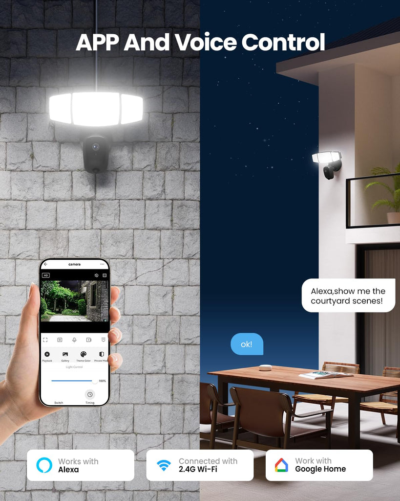Floodlight Camera Outdoor - 2K QHD Security Cam with Motion-Activated Flood Lights, Custom Detection Zones, Color