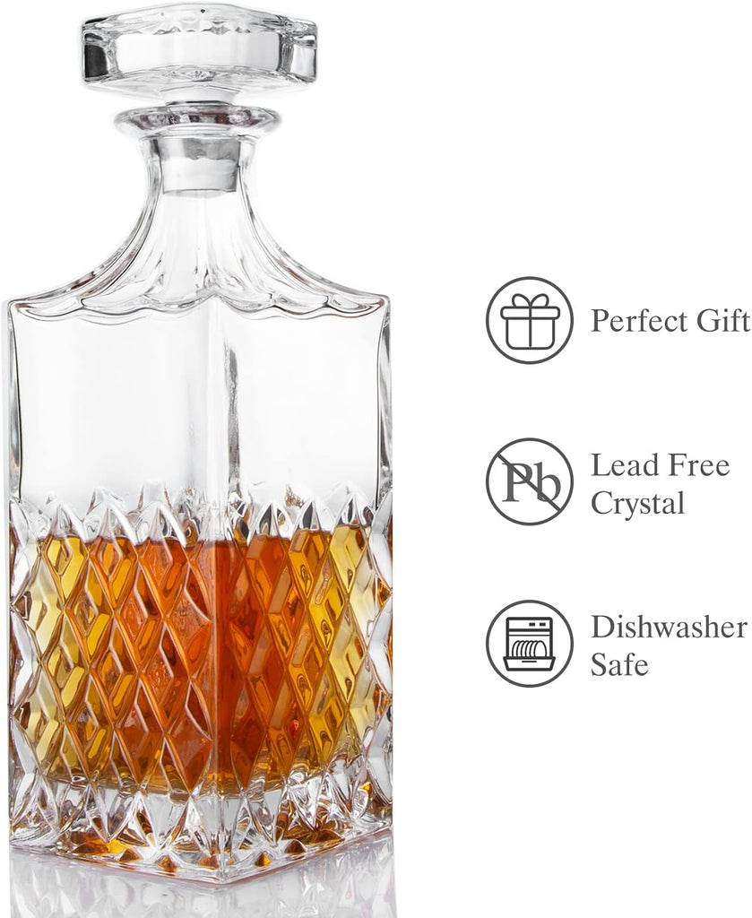 Whiskey Decanter 29oz, Crystal Whiskey Decanter with Stopper, Non-Lead, 828ml, Clear, Durable, Dishwasher Safe