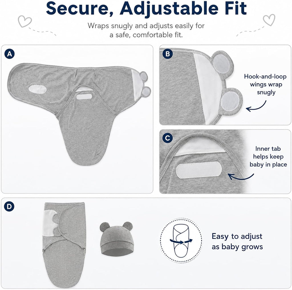 Pack Unisex Baby Swaddles for Newborns with Hat(Grey/Star/Stripe)